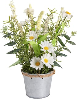 Artificial Flowers Potted, 12.2'’ Small Flower Arrangement with White Daisy Lavender in Metal Pot, Fake Floral Centerpieces for Tables Spring Summer All Season Home Indoor Decaorations Cream 01