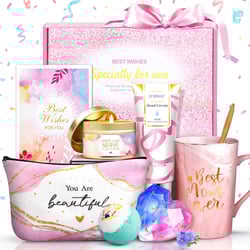 Jumway Gifts for Mom Gifts Basket, Mother's Day Gifts for Mom Birthday Gifts Set Include 14Oz Ceramic Mug, Hand Cream, Scented Wax Candle, Bath Bomb Scented Soap Make-up Bag