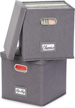 ZICOTO Decorative Vinyl Record Storage Box Set of 2 For 100+ Single Records – Sturdy LP Holder Crate Organizes All Your Favorite Classic, Oldies, or Recent Hit Albums in Style