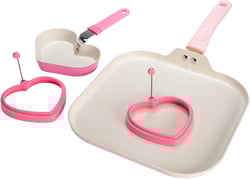 Paris Hilton Breakfast Ceramic Nonstick Cookware Set, Includes Square Griddle, Mini Heart Shaped Fry Pan and Two Silicone Heart Shaped Egg Rings, 4-Piece Set, Pink