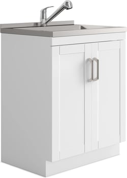 SIMPLIHOME Kyle All-in-One Utility Sink & Cabinet, 28-inch Wide, Pure White, Laundry Cabinet, Stainless Steel Sink, Pull-Out Faucet, Shaker Style Doors, for Laundry Room Stainless Steel Sink 28 Inch
