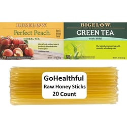 Bigelow Medicine Ball Cold Buster Tea Bundle, 20 Sachets Each (40 Total) of Bigelow Green Tea Mint and Perfect Peach Bundle with 20 GoHealthful Pure Raw Organic Clover Honey Sticks Peach, Green Tea Mint, Honey