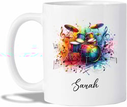 Drum Set Coffee Mugs, Drums Lover Travel Cups, Personalized Drummer Ceramic Mug Presents, Drum Set Musical Instrument Tea Cup Gifts For Drum Player Men Women, Custom White Cups 11oz And 15oz Drum White Mug