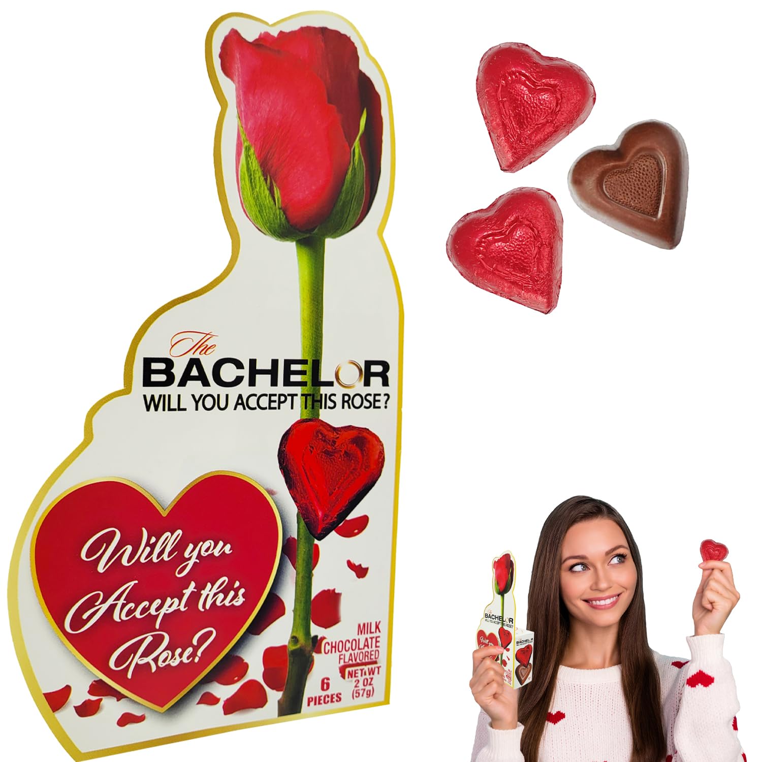Fruidles Bachelor 6 Heart-Shaped Chocolate with Rose Designed Box, Will You Accept This Rose (2-Pack)