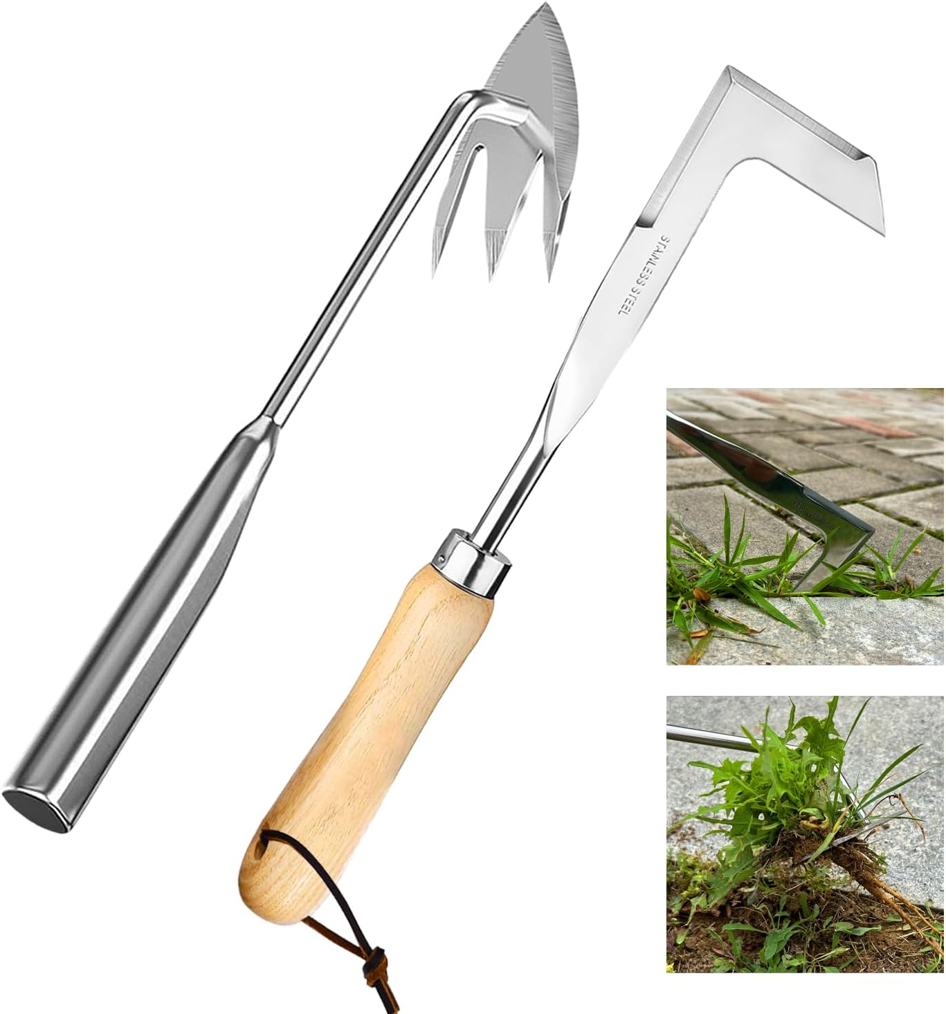 Ultimate Weed Puller Tool Set, Stainless Steel Hand Weeder Tool & Crack Weeder,Durable and Efficient Weeding Tool for Gardening,Yard,and Farm - Ergonomic Handle,Easily Remove Weeds, Silver