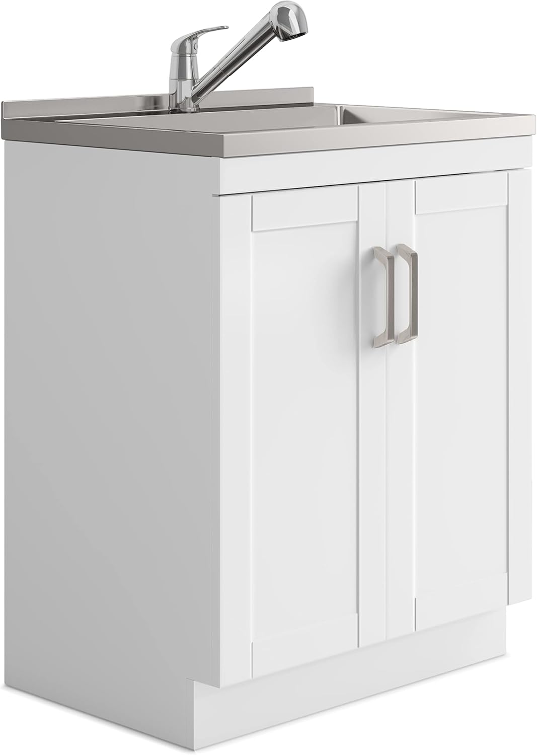 SIMPLIHOME Kyle All-in-One Utility Sink & Cabinet, 28-inch Wide, Pure White, Laundry Cabinet, Stainless Steel Sink, Pull-Out Faucet, Shaker Style Doors, for Laundry Room Stainless Steel Sink 28 Inch