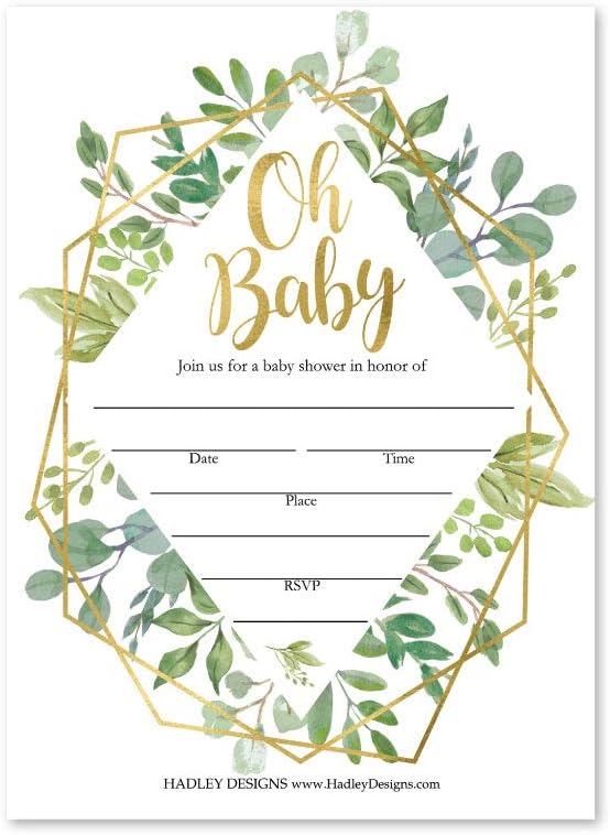 Hadley Designs 25 Geometric Greenery Invitations, Sprinkle Invite for Baby, Coed Garden Gender Reveal Neutral Theme, Cute Boho Fill or Write In Blank Printable Card, Floral Party DIY Supplies